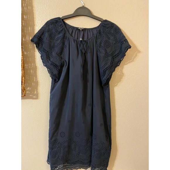 Madewell Dress Navy Blue Medium 6 8 10 Short Sleeve Embroidered Silk Cotton - Picture 14 of 15